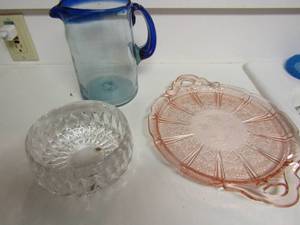 lot 47 image: Clear glass candy dish, 12x10 pink glass platter blue tint water pitcher
