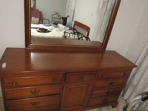 lot 60 image: MCM Solid wood dresser 34x66x20 with 1 door, 3 drawers and large mirror 36x48