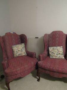 lot 67 image: WoodMark DESIGNS  high back chairs red design sits high  MATCHING  QTY 2