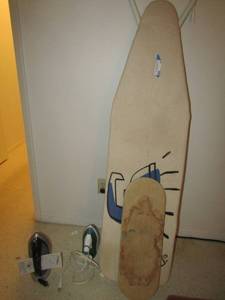 lot 84 image: Small and large ironing board Hamilton beech iron with paperwork Rival iron
