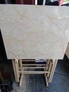 lot 94 image: 4 tan Faux marble top TV trays with stands