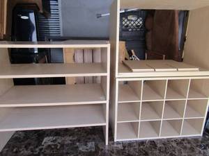 lot 112 image: 4 wooden storage shelves 2 of 1 tier 2 has piece for more space cubes 16x23x12