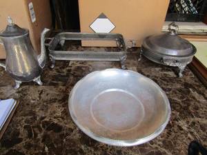 lot 116 image: Silver plated- teapot, 2 casserole stand, and large bread bowl