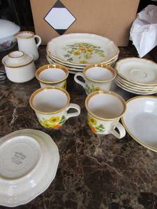 lot 117 image: Mikasa Garden Club design dishes- 4 cups, 1 bowl, sugarcreamer 5 bread plates 4 dinner plates