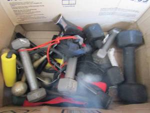 lot 130 image: Box full of 5 pound hand weights
