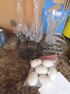 lot 131 image: 2 crystal decanters with stoppers crystal vase ceramic eggs and wire hen