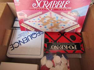 lot 135 image: Box o games- SCRABBLE, SEQUENCE, PO-KE-NO and more
