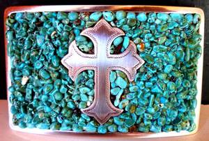 lot 94 image: Nocona Turquoise Belt Buckle Silver Gothic Cross Small Turquoise Stones