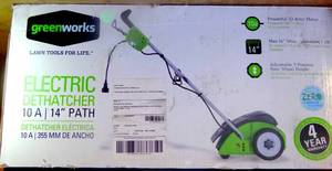 lot 198 image: Greenworks 14 in. 10 Amp Corded Electric Dethatcher, DT14B00 in Box $$$