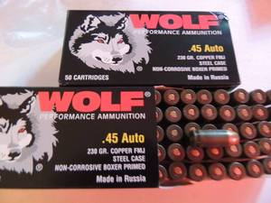 lot 608 image: WOLF 45 AUTO 230 GR COPPER FMJ  50  BOX  QTY 2
