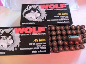 lot 630 image: WOLF 45 AUTO 230 GR COPPER FMJ  50  BOX  QTY 2