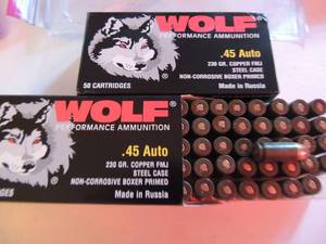 lot 841 image: WOLF 45 AUTO 230 GR COPPER FMJ  50  BOX  QTY 2