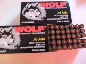 lot 607 image: WOLF 45 AUTO 230 GR COPPER FMJ  50  BOX  QTY 2