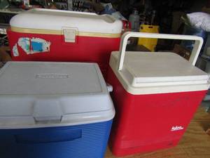 lot 54 image: Small blue Rubbermaid ice chest, small red igloo ice chest, large red igloo ice chest on wheels
