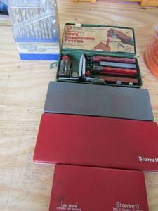 lot 72 image: Titanium drill bit set missing 2, Lansky knife sharpening system 3 universal test indicators in original box