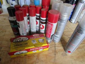 lot 96 image: Large lot butane lighter fluid and 2 NEW sterno canned heat