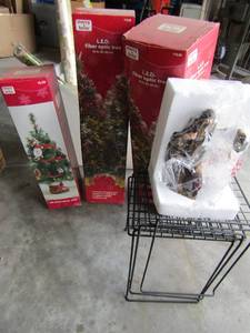 lot 114 image: 2 foot dcor christmas tree 2- 32 LED fiber optic trees 3 small wire black stands for trees NEW Jesus statue