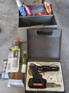 lot 219 image: Welder in case 100140 watts NEW epoxy, opened tubes of window seal and more
