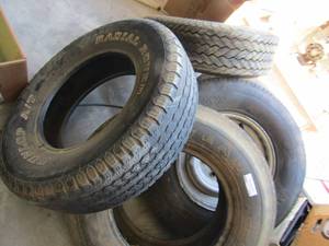 lot 278 image: 5 tires- Trailer tire 7.0015 with rim, Firestone 235-7515, Good Year 157.00, and Dunlap 215-7515 and 215-7815