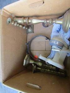 lot 334 image: Silver plated service tray and brass candlesticks