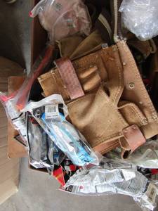 lot 360 image: Tub full of NEW safety goggles, tool belts, and  10 pair safety glasses