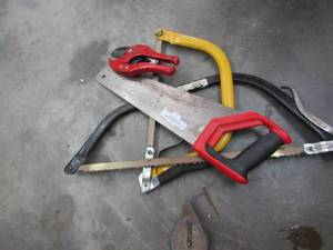 lot 405 image: Assorted hand saws, straight line measure, PVC pipe cutter