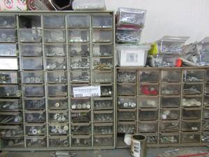 lot 484 image: 3 small metal storage bins with nuts, bits, and more