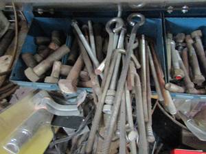 lot 492 image: Large bolts and 12 eye hooks  ( CONTENTS OF 9 BINS )