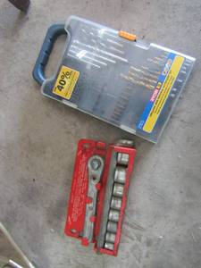 lot 588 image: 11  piece socket set and Ryobi drill bits