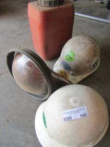 lot 645 image: 4 gallon gas can 3 worker hard hats