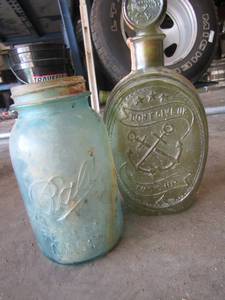 lot 646 image: Old Ironsides Ezra Brooks BOTTLE , Old blue ball mason jar