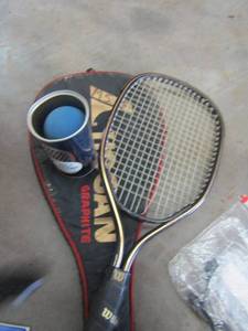 lot 708 image: Tennis balls Wilson racket and Hogan racket