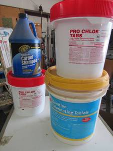 lot 737 image: 2 buckets pro chlor tabs zep carpet cleaner 1 used tub chlorinated tablets