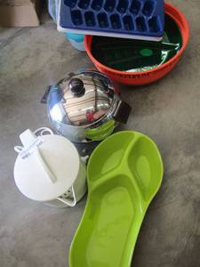 lot 1049 image: DIVIDED SERVING PLATTER,, SUNBEAM WATER HEATER, SAUCE PAN, ICE TRAYS, CANDY BOWL