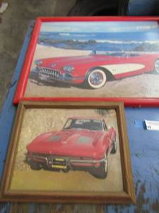 lot 957 image: Framed picture Red Corvette 12x9 and 1960 corvette 21x17