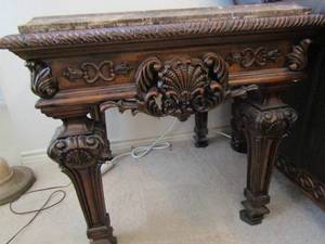 lot 9 image: Two marble top solid wood base end tables fan dcor carved in sides 27x28x28  matches #12