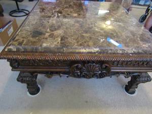 lot 12 image: Marble top solid wood base Coffee table  fan dcor carved in sides  MATCHES  #9