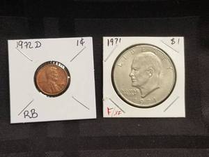 lot 42 image: 1971 Eisenhower Dollar coin and 1972D Lincoln penny