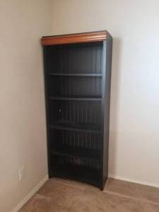 lot 13 image: Selection of 2 black wood shelf units  12 by 30 by 72