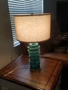 lot 128 image: Table Lamp - blue-green glass with shade