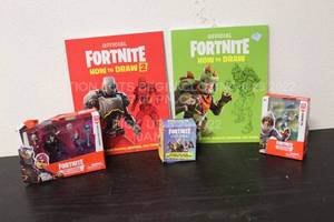 lot 15 image: Lot of 5 Fortnite Battle Royale Childrens Video Game Toys Action Figures Drawing Books New Shelfwear Overstock Retail Bulk with Loot Box Pack Damaged Boxes