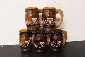 lot 20 image: Lot of 5 Vintage Conoco Cups Glasses with Wooden Handle Glasswear Memorabilia Cabin Outdoors Camping Theme