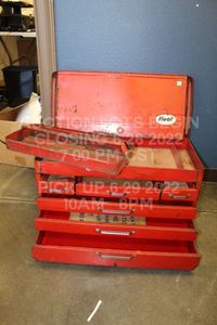 lot 38 image: Huot Tool Box Chest Red Vintage Heavy Duty Metal with Drawers and Instruction Manual for Tools