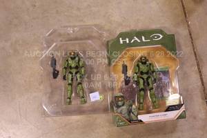 lot 102 image: 1 Boxed Halo Infinite Master Chief Action Figure, 1 Unboxed HALO Master Chief Figure NO ULC  DLC INCLUDED New Open Box