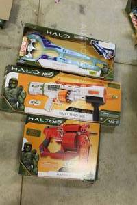 lot 110 image: Lot of 3 Halo the Video Game Toys 1 Halo Energy Sword with Pulsing lights and Sounds,1 HALO Nerf Mangler Toy Gun, 1 HALO Nerf Bulldog SG Toy Shotgun, New Open Box  NO ULC  DLC INCLUDED in Any of These Items