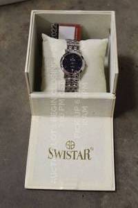 lot 201 image: Swistar Womens 417-15L Black Precision Quartz Dress Watch Brand New Factory Sealed Unused Unworn