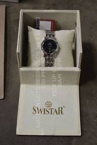lot 202 image: Swistar Womens 417-15L Black Precision Quartz Dress Watch Brand New Factory Sealed Unused Unworn