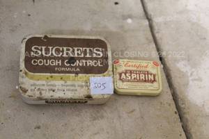 lot 225 image: Vintage Aspirin and Sucrets Cough Control Tin Containers, Empty