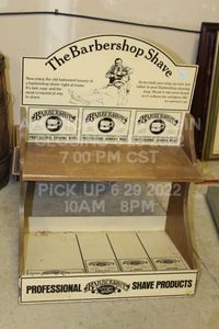 lot 251 image: Vintage Barbershop Shave Retail Product Shelf 24x 18 x 11 Rare Advertising Retail Store Item Drugstore Era