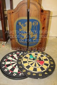 lot 259 image: Lowenbrau Dart Board Hinged Case Vintage 70s 80s Wooden Barware with 2 Classic Dart Boards and 2 Dart Sets